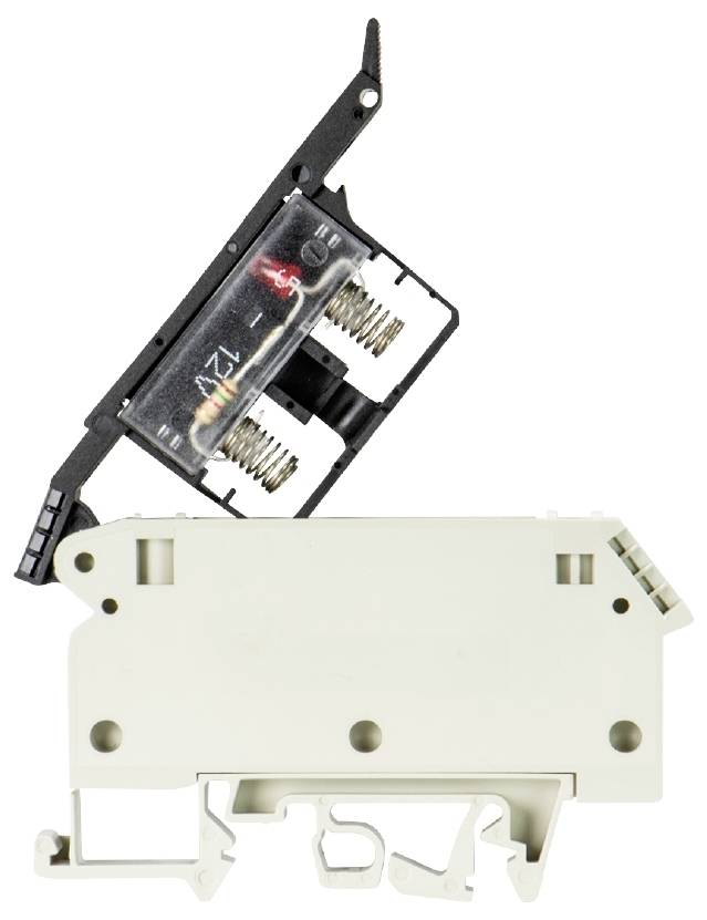 Elektrisches Schaltelement, bestehend aus einem schwarzen oberen Teil mit Federn und einem weißen unteren Gehäuse, die verbunden werden können.