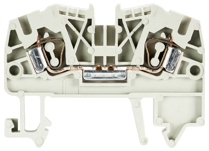 Ein grauer, zweiteiliger, modularer Klemmenblock mit sichtbaren Metallkontakten und Kupferdrähten. Verwendet zur elektrischen Verbindung.