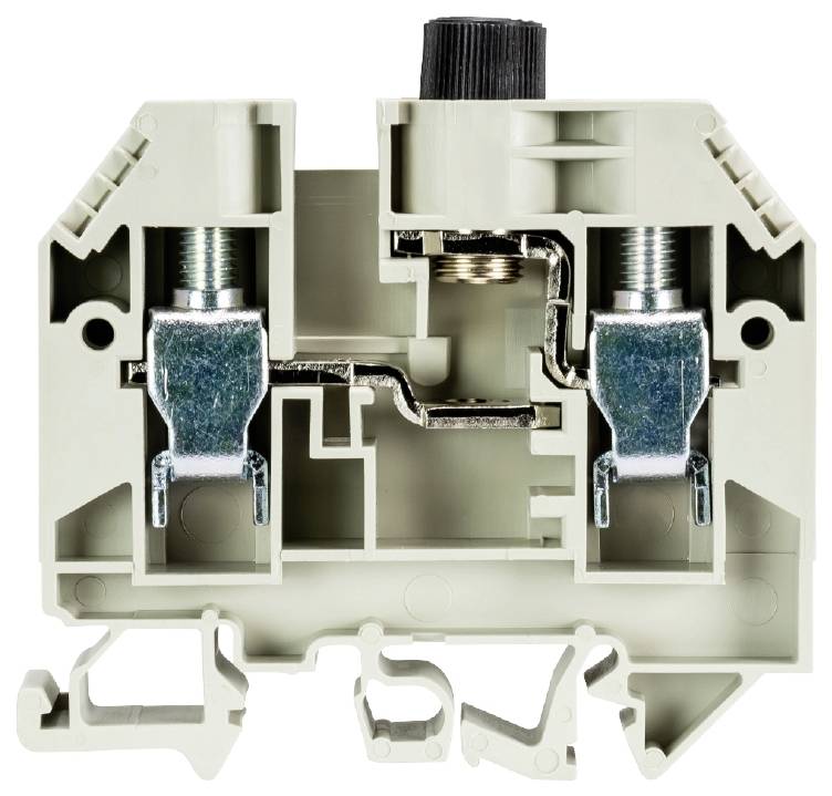 Isolator-Abbild eines grauen elektrischen Klemmenblocks mit zwei Metallanschlüssen und einem schwarzen Schraubmechanismus oben.