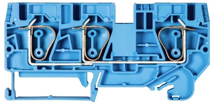 Ein blauer elektrischer Steckverbinder mit zwei Klemmstellen aus Metall. Geeignet für die Montage und Befestigung elektrischer Leiter.