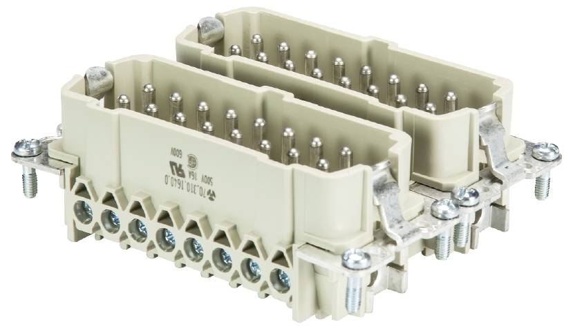 Mehrpoliger elektrischer Stecker mit vielen Pins, beige Kunststoffgehäuse, geeignet für industrielle Anwendungen.