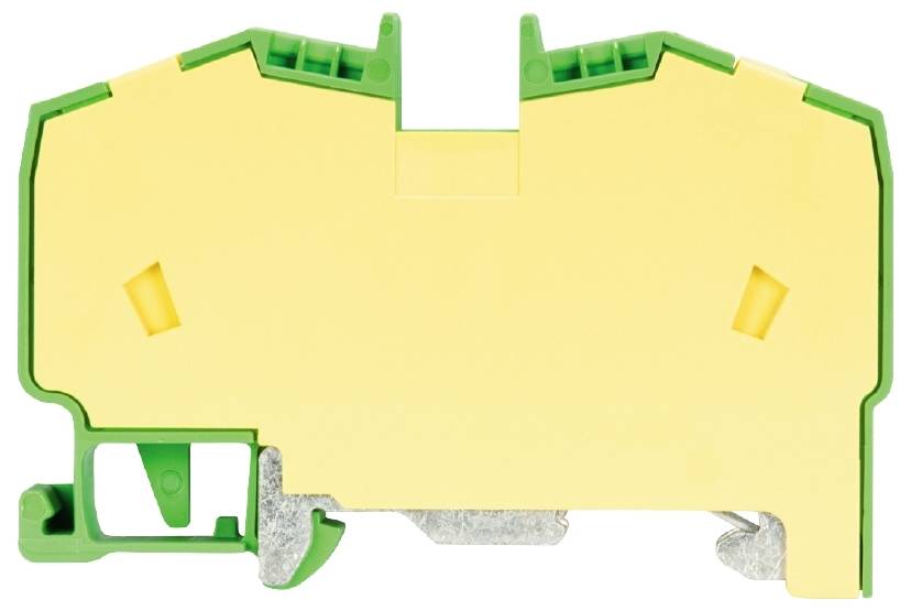 Gelbe Klemme mit grünem Rand, typisches Design eines elektrischen Steckverbinders für industrielle Anwendungen.