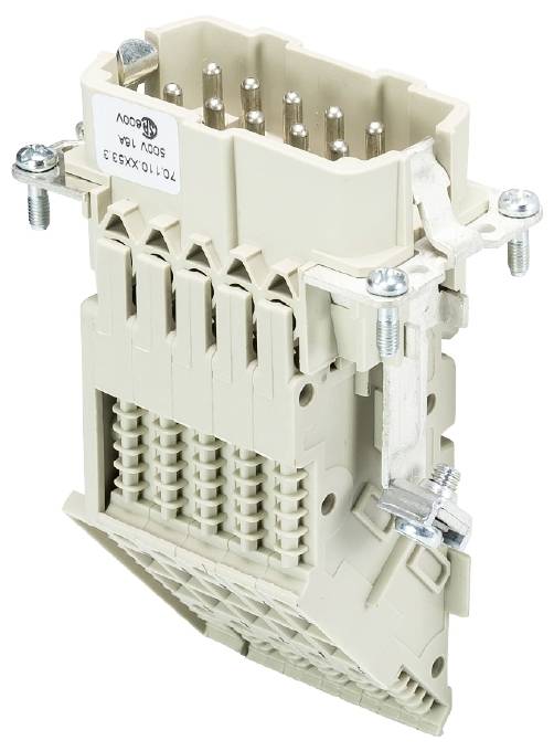 Ein beiger elektrischer Steckverbinder mit mehreren Metallpins und Befestigungsschrauben, geeignet für industrielle Anwendungen.