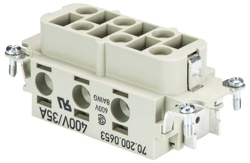 Ein grauer elektrischer Steckverbinderblock mit mehreren Anschlussklemmen und Schraubbefestigungen, gekennzeichnet mit technischen Spezifikationen.