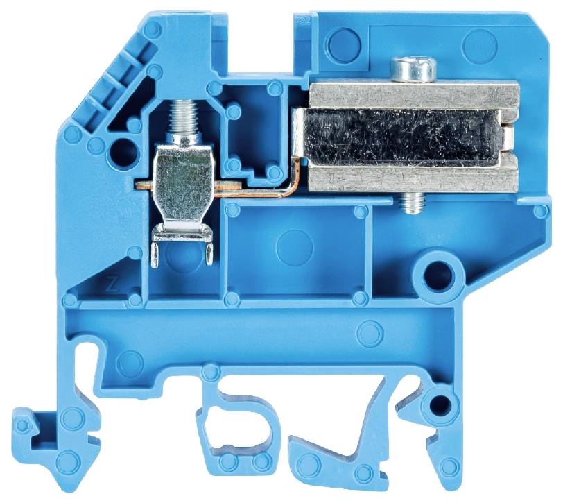 Blaues, mechanisches Bauteil aus Kunststoff und Metall, zeigt interne Struktur und Komponenten. Hauptbestandteil eines elektrischen Systems.