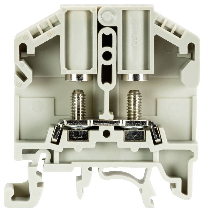 Plastikgehäuse eines elektrischen Klemmverbinders mit zwei Schraubklemmen.