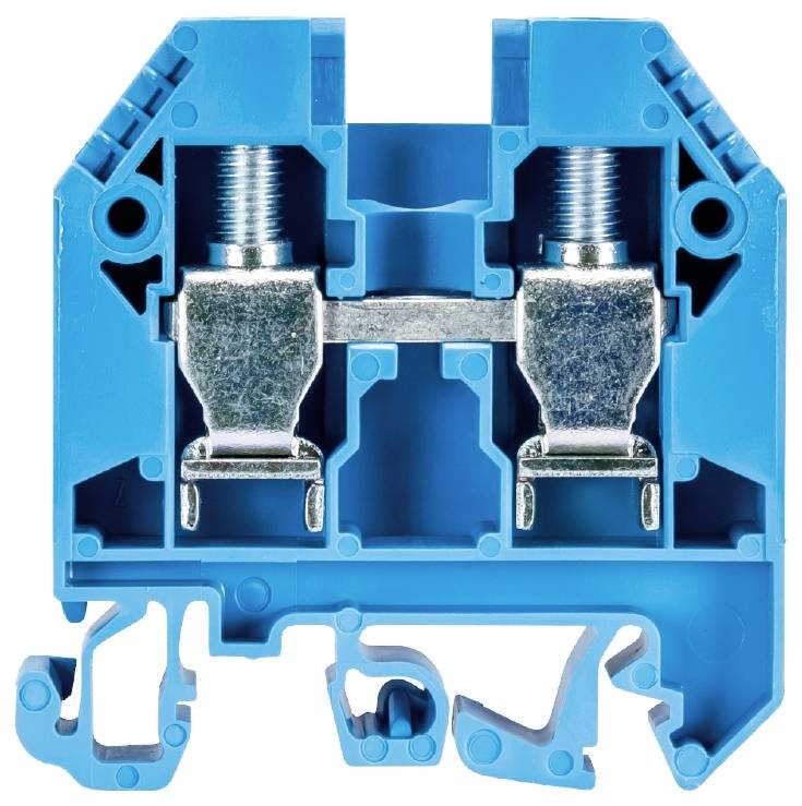 Ein blauer elektrischer Klemmenblock mit zwei Metallklemmen und Schraubanschlüssen, zur Verdrahtung in elektrischen Installationen.