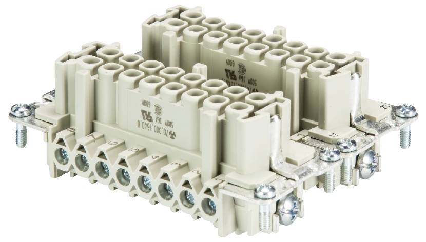 Industrie-Steckverbinder mit mehreren Anschlusspunkten und Schrauben zur Befestigung, geeignet für elektrische Verbindungen.