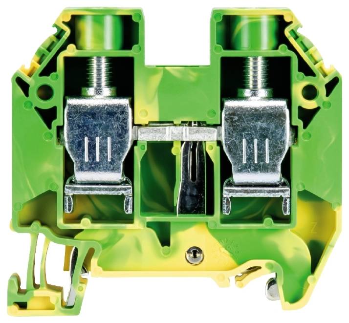 Abbildung eines grün-gelben, zweipoligen Reihenklemmenblocks mit Metallschraubverschlüssen, zur Strom- und Signalverteilung.