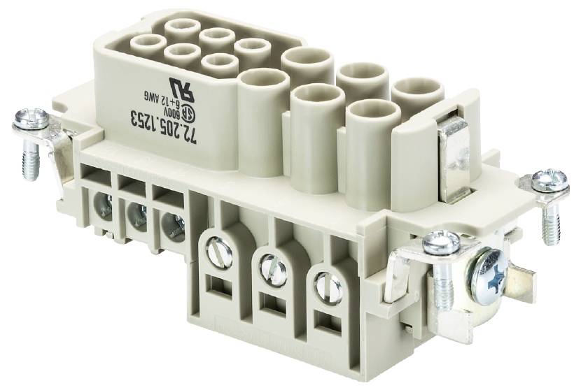 Industrie-Steckverbinder mit mehreren Kontaktpunkten und zwei Schraubbefestigungen, geeignet für industrielle elektrische Anwendungen.