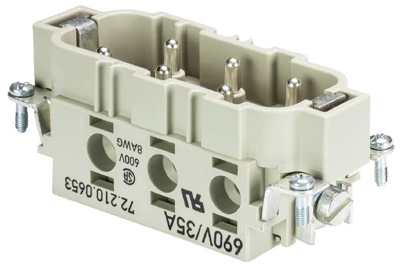 Ein grauer elektrischer Steckverbinder mit mehreren Anschlüssen und Schrauben an den Seiten, geeignet für hohe Spannungen.
