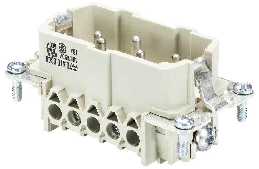 Elfenbeinfarbene elektrische Baugruppe mit mehreren Anschlussklemmen, befestigt mit Schrauben und Metallklammern.