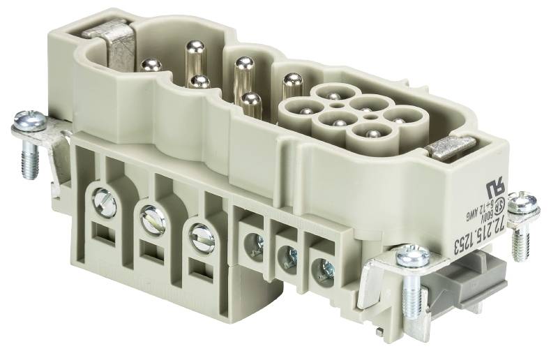 Industrie-Steckverbinder mit mehreren Metallstiften und Schraubanschlüssen, verwendet für elektrische Verbindungen in Geräten.