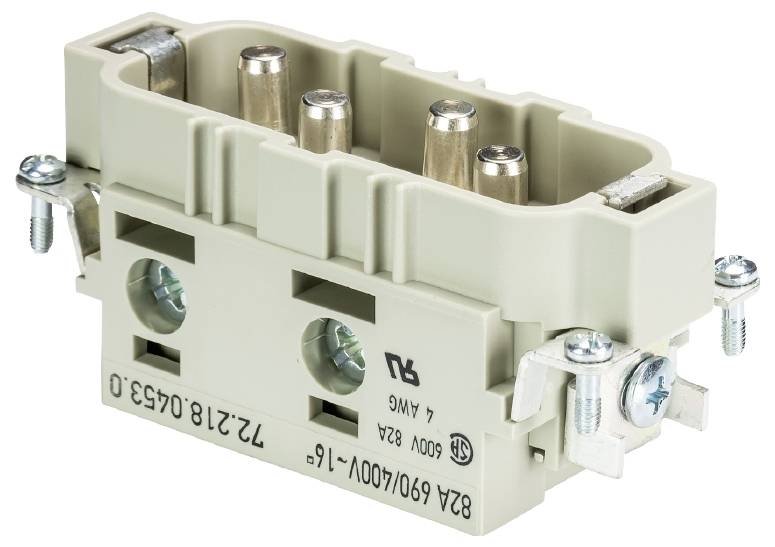 Ein rechteckiger elektrischer Steckverbinder mit vier Metallpins in einem beigen Gehäuse, erkennbar sind Schraubverbindungen an den Seiten.