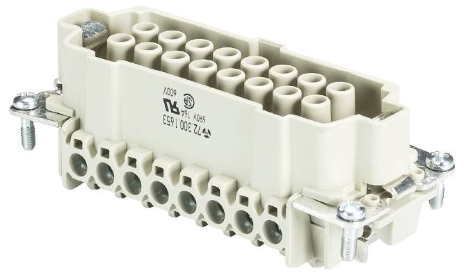 Ein rechteckiger elektrischer Stecker mit 16 runden Steckplätzen und zwei seitlichen Schrauben zur Befestigung.