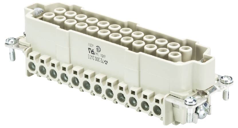 Ein mehrpoliger elektrischer Stecker mit mehreren Anschlussklemmen, geeignet für industrielle Anwendungen, aus robustem Kunststoff.