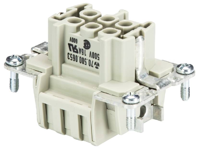 Ein beige Steckverbinder mit mehreren Öffnungen und vier Befestigungsschrauben an den Seiten. Geeignet für elektrische Anschlüsse.