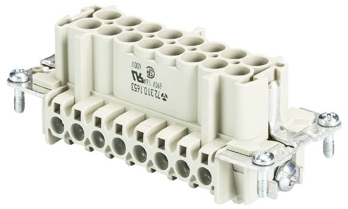 Ein grauer elektrischer Steckverbinder mit mehreren Anschlussklemmen, geeignet für hohe Stromstärken und industrielle Anwendungen.