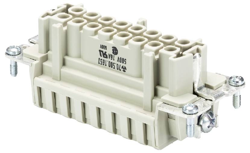 Ein rechteckiger, beigefarbener Stecker mit mehreren Anschlussbuchsen, Metallbefestigungen an den Seiten, geeignet für industrielle Anwendungen.