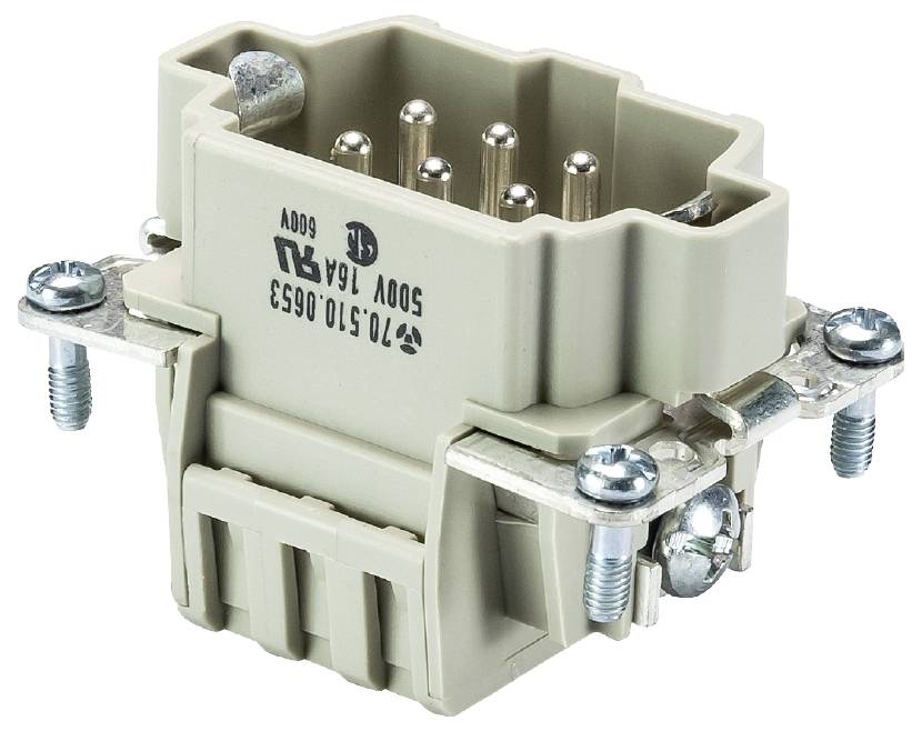 Ein grauer Steckverbinder mit mehreren Metallstiften und Schraubanschlüssen, geeignet für industrielle elektrische Anwendungen.