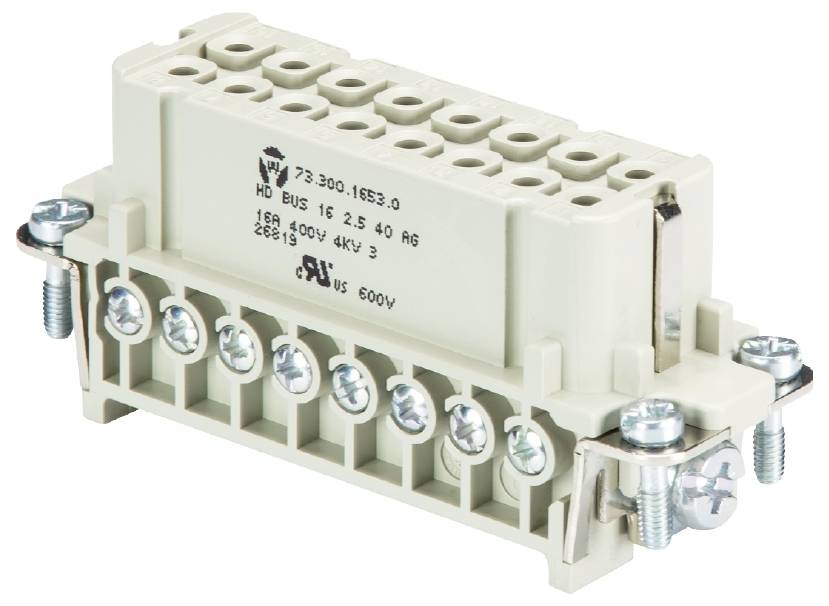Ein rechteckiger, grauer elektrischer Stecker mit mehreren Kabelanschlüssen und Beschriftungen auf der Oberseite, umgeben von Metallschrauben.