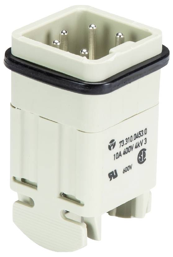 Stecker mit 6 Metallstiften, Kunststoffgehäuse, Aufdruck: 10A, 400V, 4kV, UL-Zulassung; quadratische Form mit schwarzem Rand.