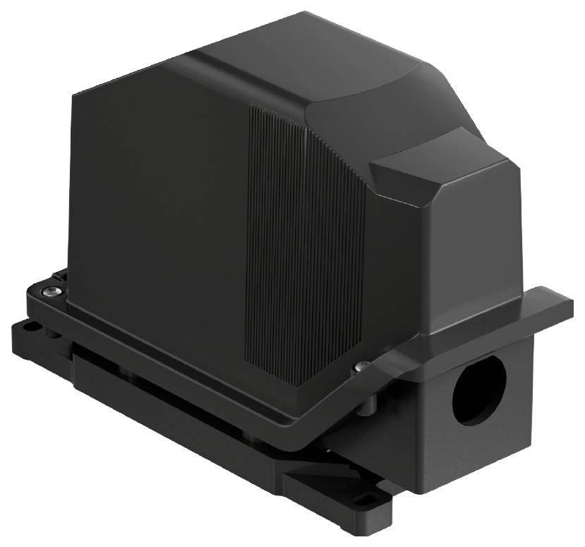 Ein rechteckiger, schwarzer elektronischer Sensor in einem Kunststoffgehäuse. Robust und funktionell, mit klaren Kanten und Öffnung.