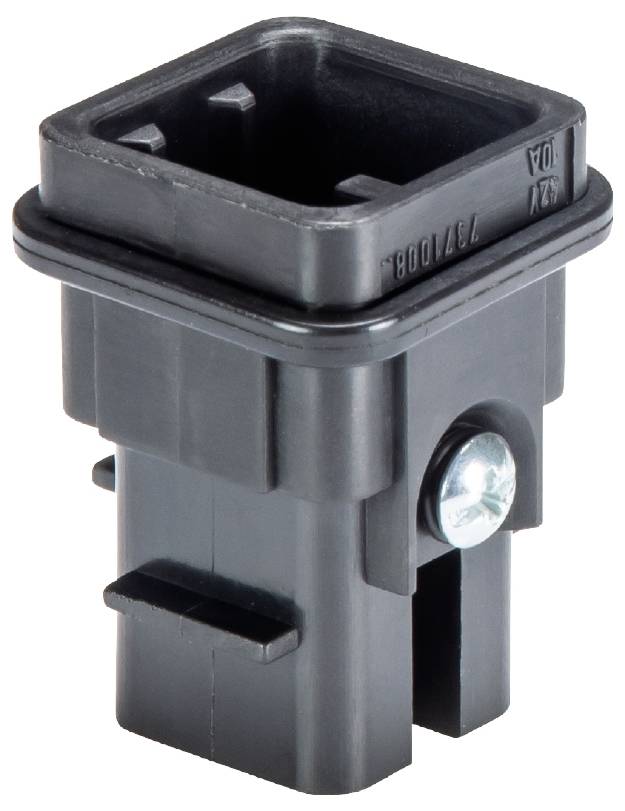 Ein rechteckiger schwarzer Kunststoffstecker mit einem Metallstift an der Seite, verwendet für elektrische Verbindungen.