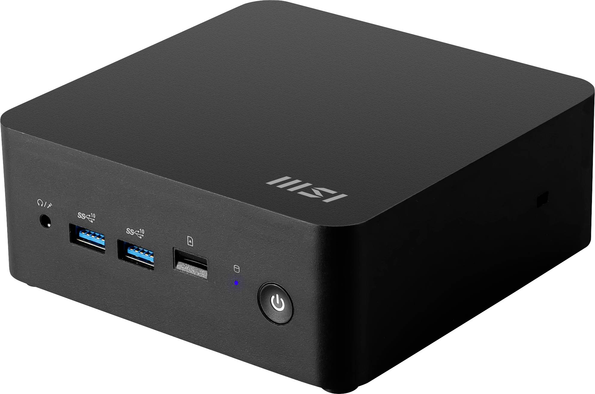 Schwarzer Mini-PC mit zwei USB-Anschlüssen, HDMI-Anschluss und Netzschalter auf der Vorderseite.