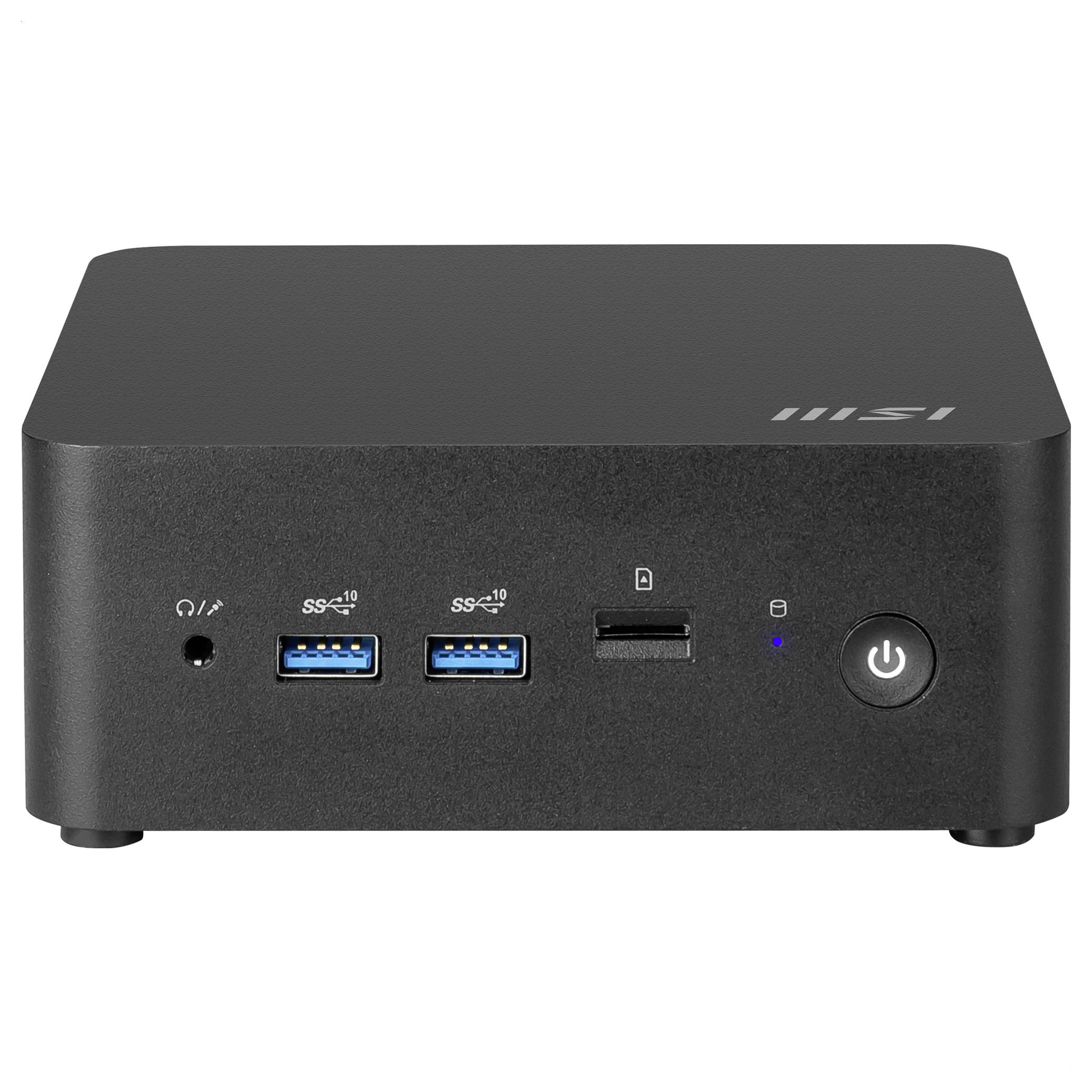 Schwarzer Mini-PC mit Markenlogo, USB-Anschlüssen, Audioanschluss und Einschaltknopf auf der Vorderseite.