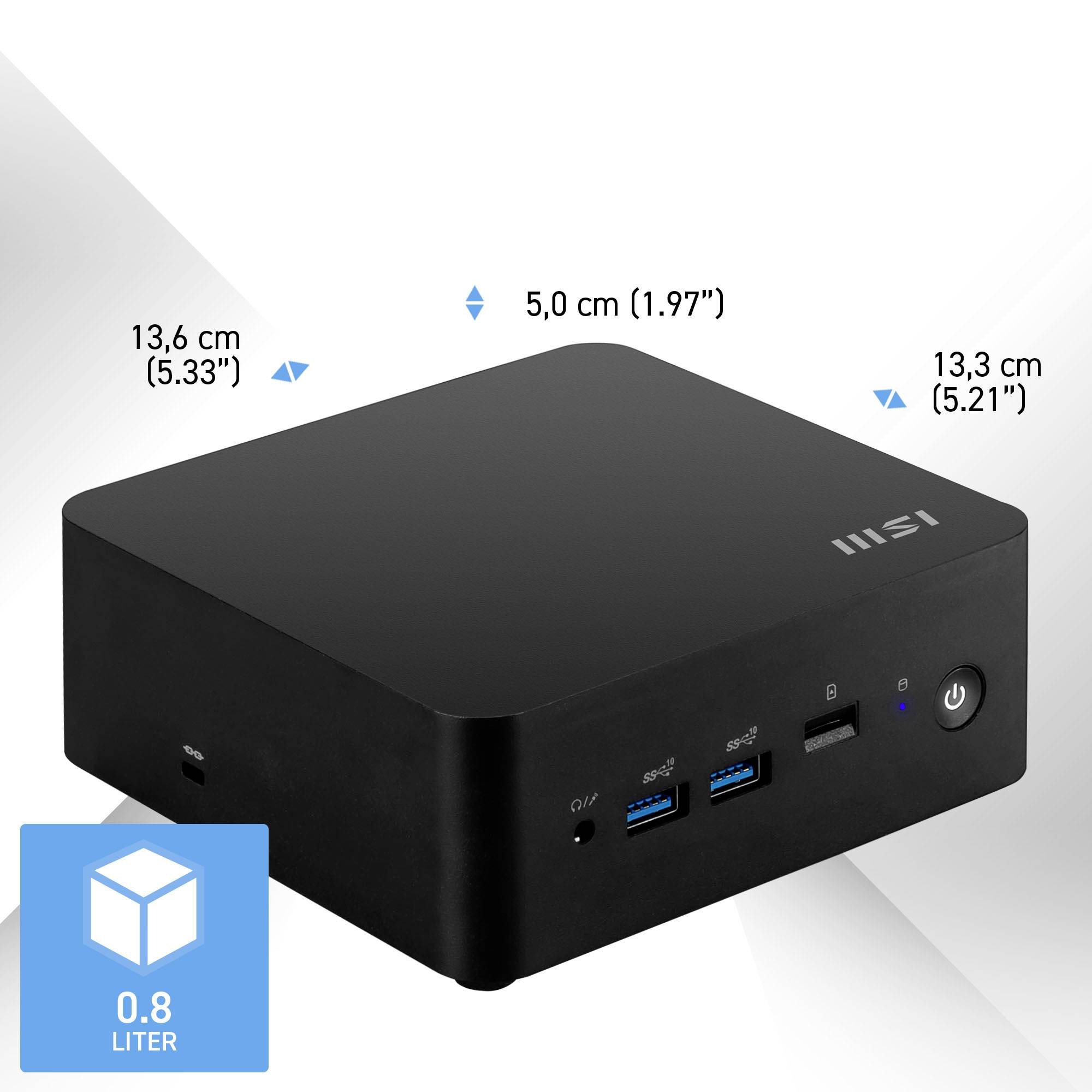 Kompaktes schwarzes Gerät von MSI mit den Maßen 5,0 x 13,6 x 13,3 cm und einem Volumen von 0,8 Litern. Enthält USB-Anschlüsse und Netzschalter.