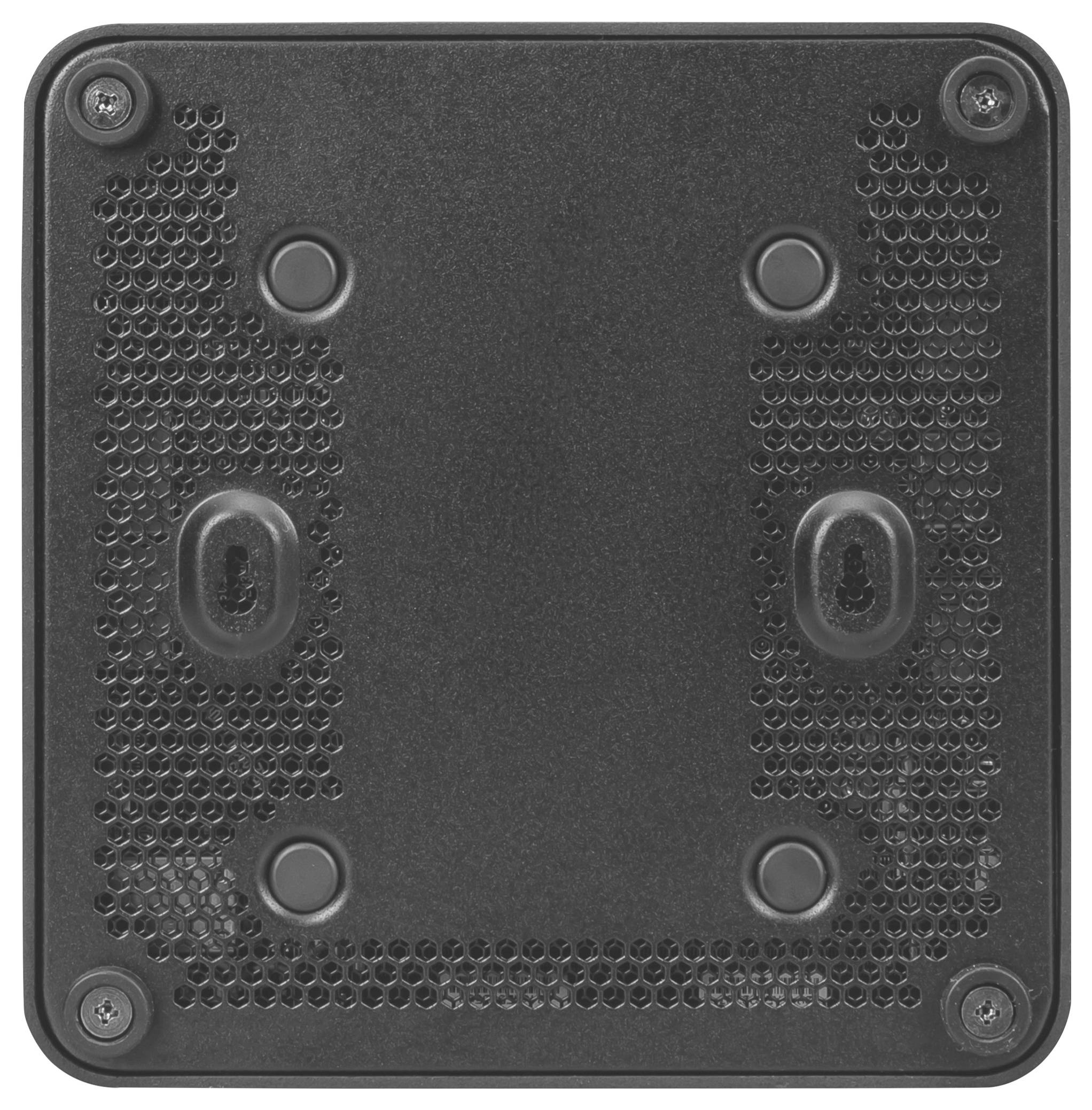 Rückseite eines elektronischen Geräts mit Lüftungsschlitzen und vier Schrauben sichtbar.