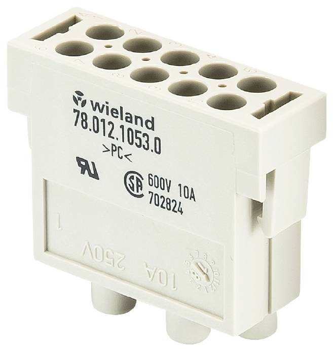Ein weißer elektrischer Steckverbinder von Wieland mit Seriennummer 78.012.1053.0, der für 600V und 10A ausgelegt ist.
