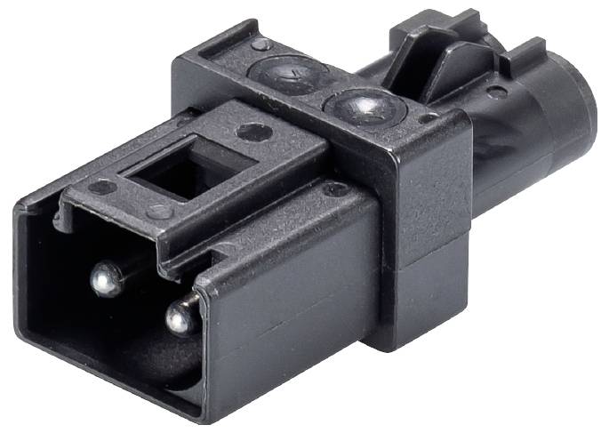 Ein schwarzer elektrischer Stecker mit zwei Metallstiften.