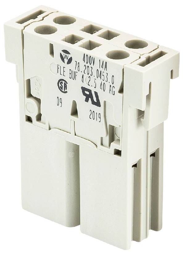 Elektrische Steckverbindung, weiß, 400V, 14A, mit mehreren Anschlusspunkten und Prüfzeichen. Hersteller-Warnhinweise sichtbar.