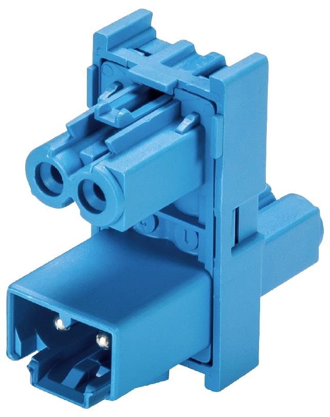 Ein blauer elektrischer Steckverbinder mit zwei Steckplätzen und einer rechteckigen Form.