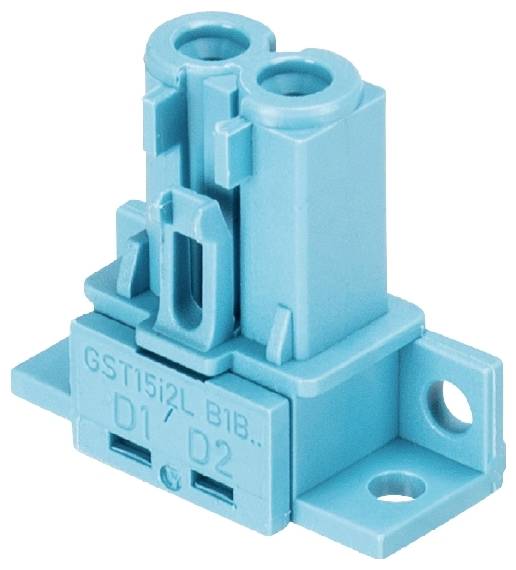 Blauer Steckverbinder mit zwei vertikalen Buchsen, optimiert für elektrische Verbindungen. Geeignet für industrielle Anwendungen.