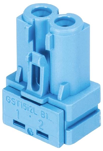 Ein blauer Kunststoffstecker mit zwei runden Buchsen und der Aufschrift 'GST15i2L' auf der Vorderseite.