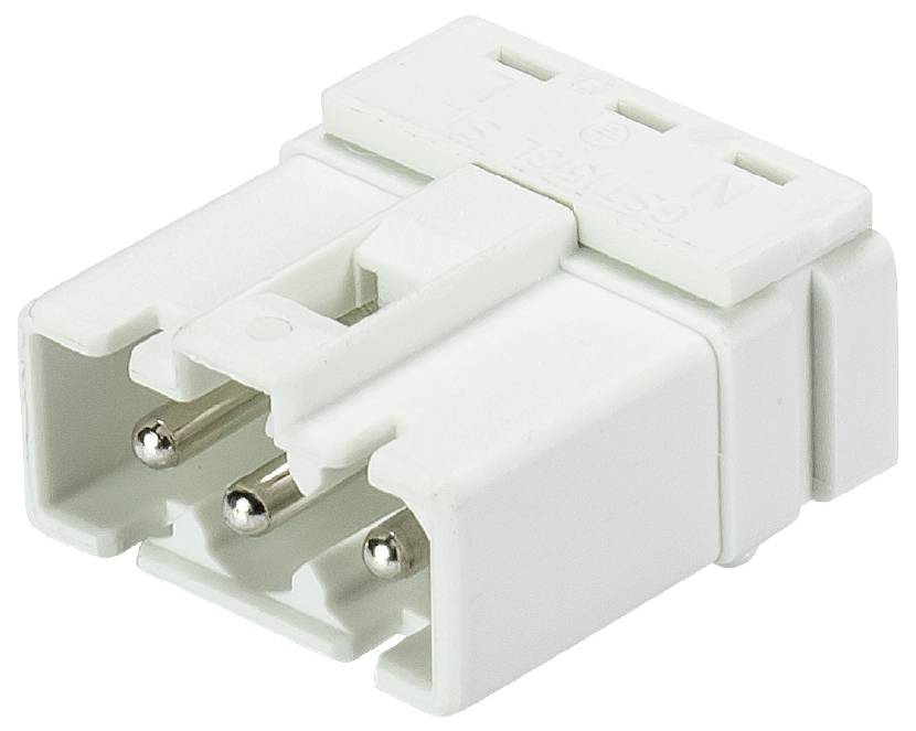 Weiße, dreipolige Steckverbindung. Geeignet für elektrische Verbindungen. Hauptsächlich aus Kunststoff gefertigt.