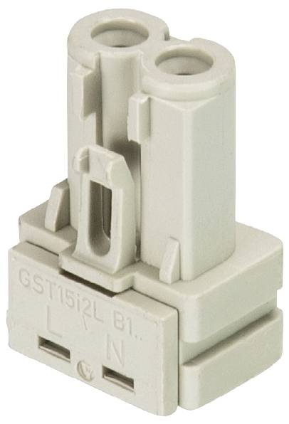 Grauer elektrischer Steckeradapter mit zwei Eingängen. Auf der Vorderseite sind die Buchstaben 'L' und 'N' sowie 'GST15i2L B1' erkennbar.