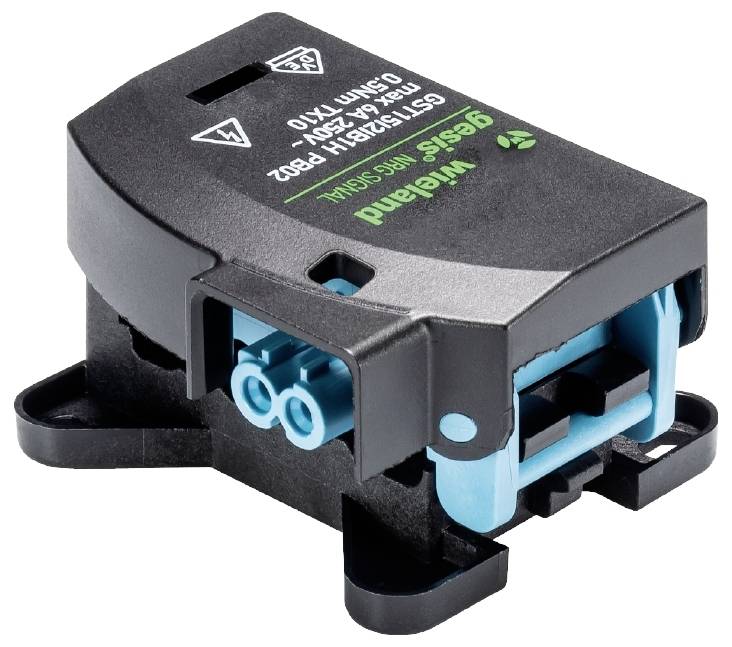 Schwarzer elektrischer Schalter mit zwei blauen Anschlussstellen, Aufschrift zeigt 'Wieland Gesis RST Class' für industrielle Verwendung.
