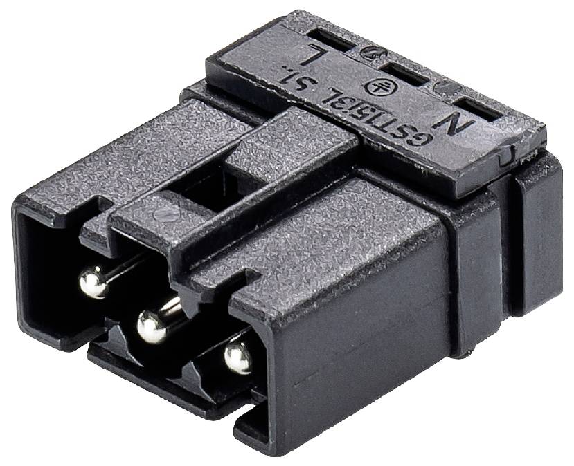 Schwarz-Gehäuse Steckverbinder mit drei Metallpins, Oberseite markiert mit N, L. Geeignet für elektrische Verbindungen.