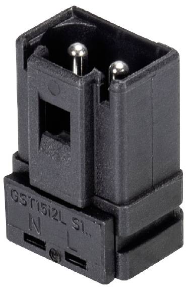 Schwarzer Steckverbinder mit rechteckiger Form, zwei runden Metallkontakten oben und Markierungen 'GST15I2L' auf der Vorderseite.