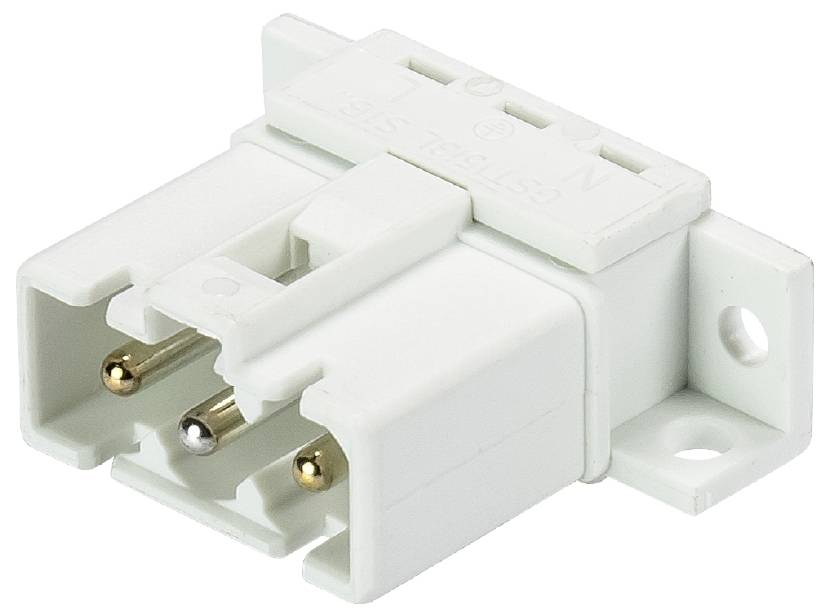 Ein weißer elektrischer Steckeradapter mit zwei Metallstiften und seitlichen Befestigungslöchern, geeignet für technische Anwendungen.