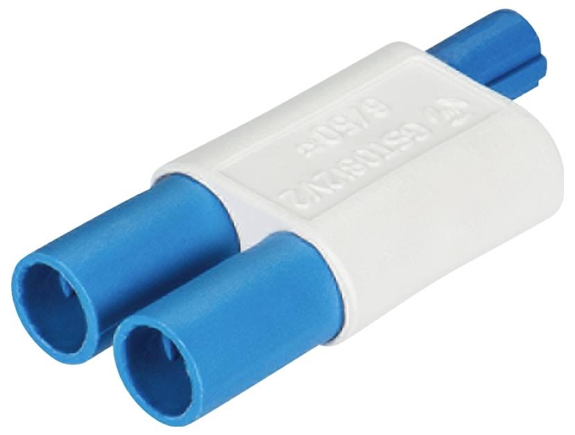 Ein weiß-blaues elektrisches Steckverbindungsteil mit zwei parallelen Anschlüssen und einem blauen Griff.