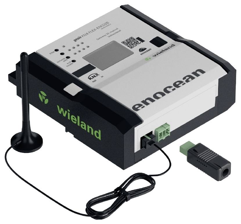 Ein Gateway-Gerät von Wieland mit Antenne und Anschlusskabel. Es wird für die drahtlose Kommunikation in Automatisierungssystemen genutzt.