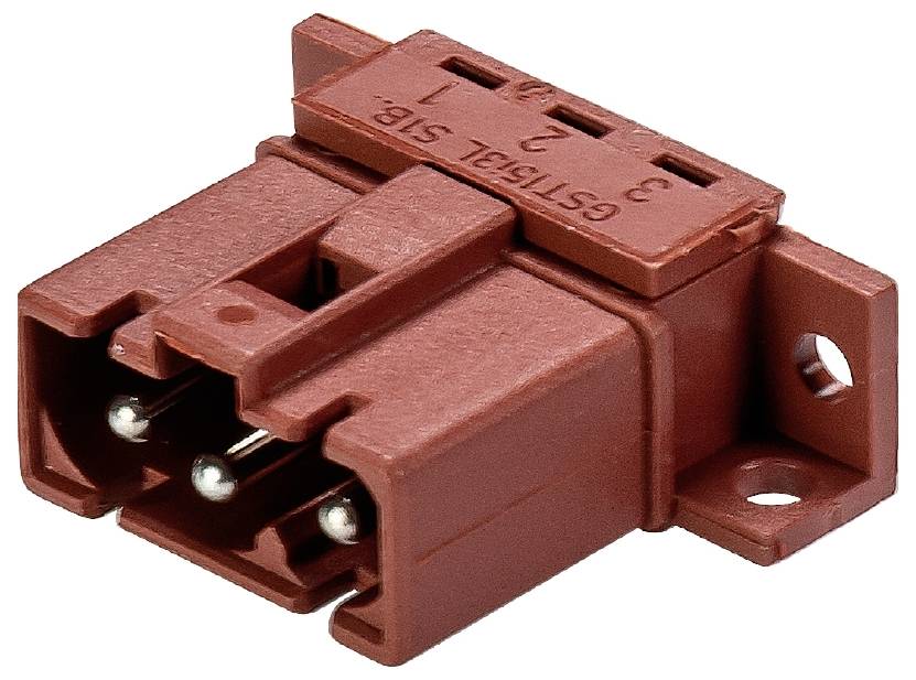 Brauner dreipoliger elektrischer Steckeradapter mit Schraubenlöchern zur Befestigung an der Unterseite.