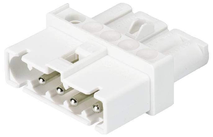 Weißer Kunststoffstecker, rechteckig, mit mehreren Metallstiften. Geeignet für technische Anschlüsse oder elektrische Verbindungen.