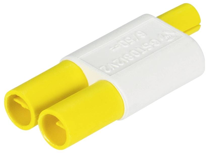 Ein gelb-weißer elektrischer Stecker mit zwei Buchsen, geeignet für elektronische Verbindungen.