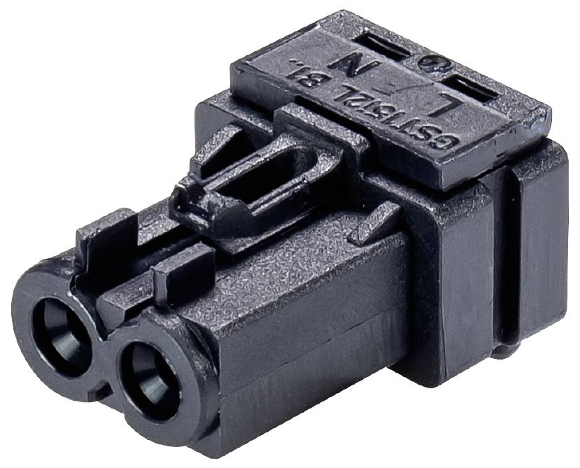 Zweipoliger schwarzer Steckverbinder mit der Beschriftung 'L' und 'N' auf der Oberseite, geeignet für elektrische Verbindungen.